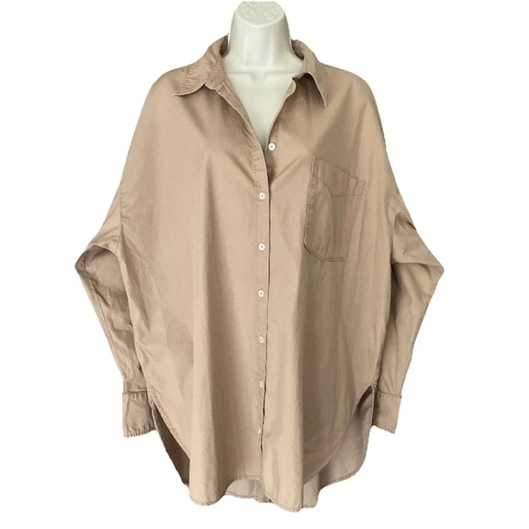 Maeve Anthropologie The Bennett Oversized Button Down Shirt Tan Long Sleeve XL - Picture 4 of 11